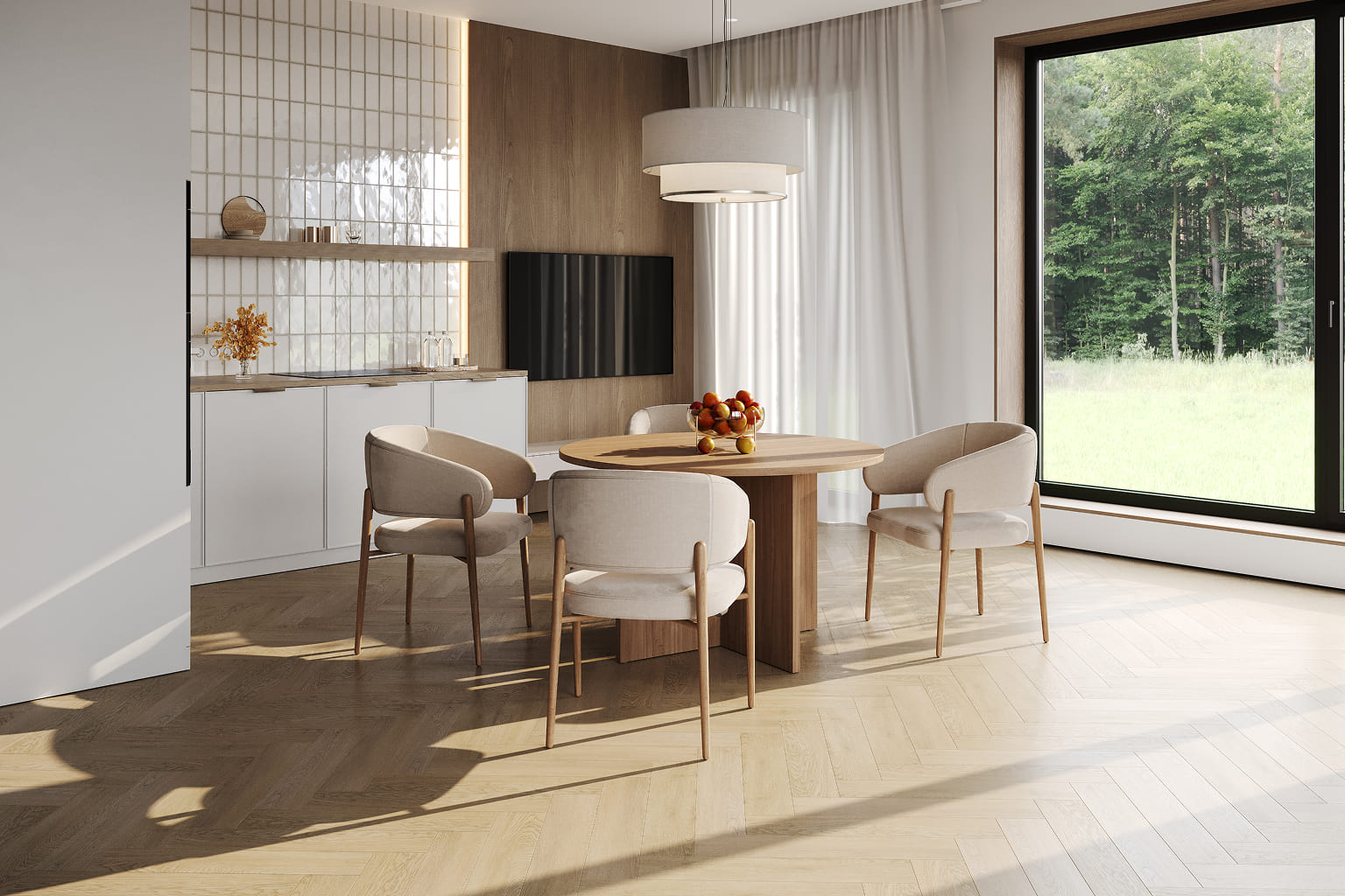 Просторная кухня в загородном доме с панорамными окнами в пол с мебелью под дерево